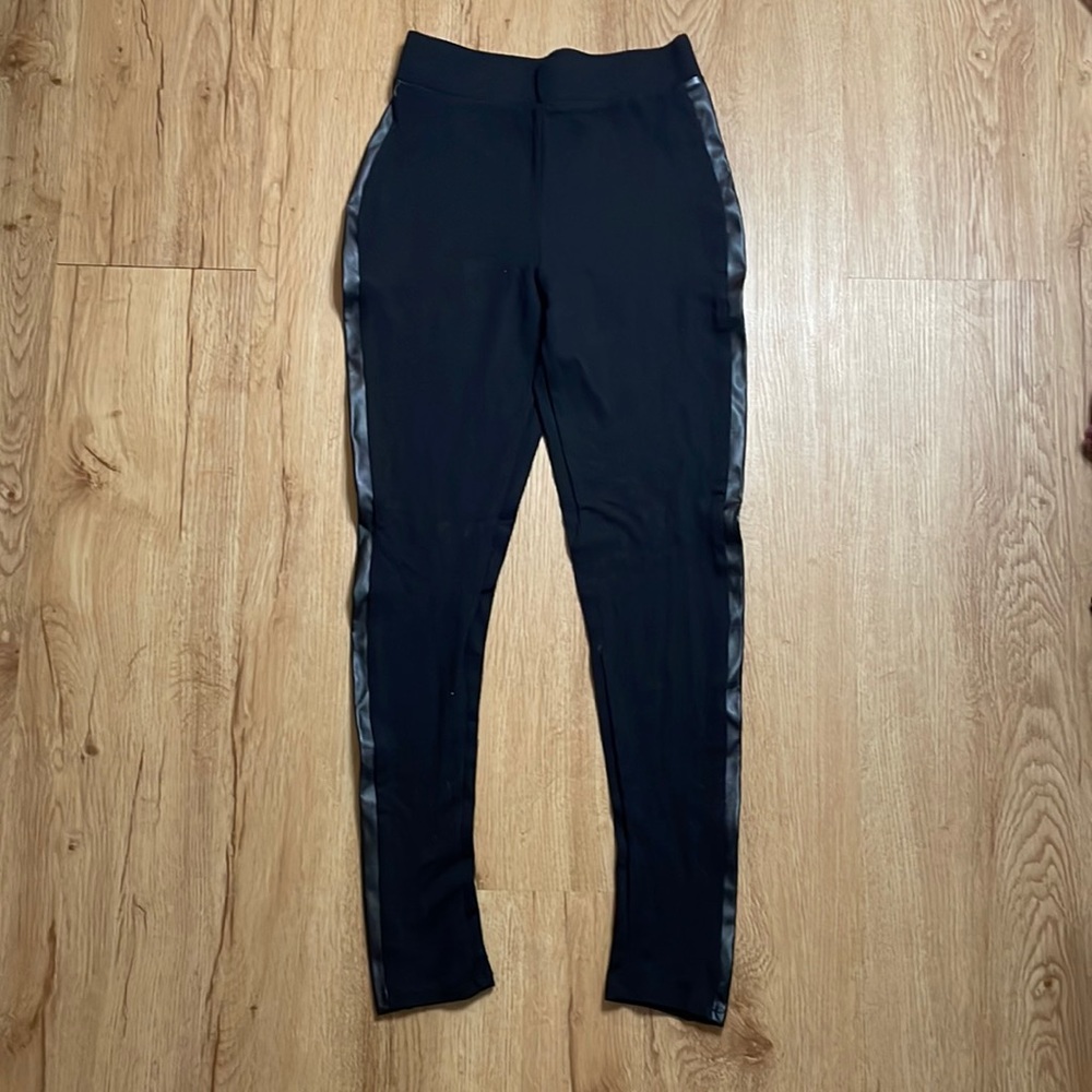 Leggings with leather stripe down legs